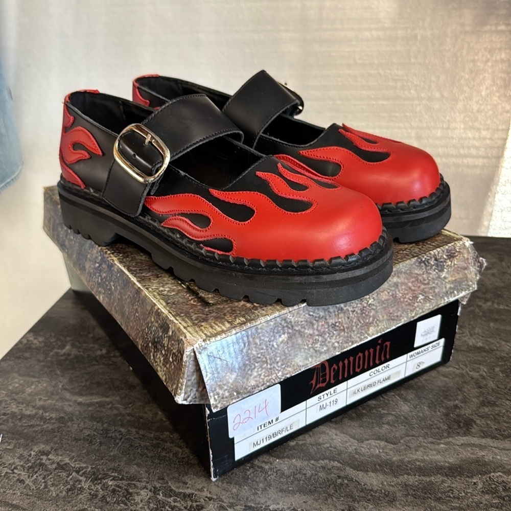 Demonia Women's Black and Red Flame Footwear. 8